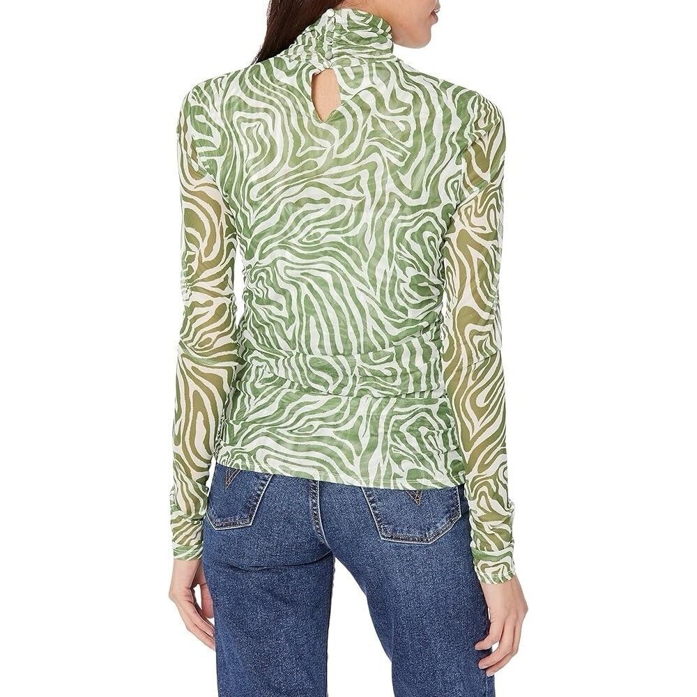 Cinq à Sept Woodblock Zebra Shirred Green White Mesh Turtleneck Women's Size XS